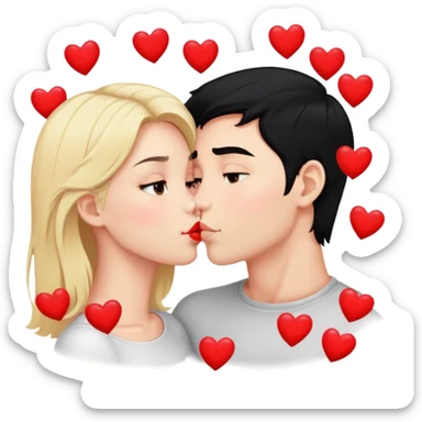 Couple of blonde girl and boy with black hair and fair skin is kissing with a lot of hearts around them sticker