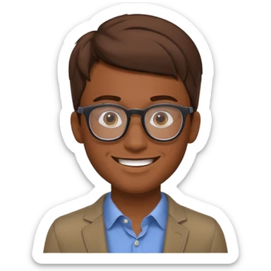 a man in his early 20s wearing glasses for a tech company, his job is marketer, extroverted, brown hair sticker