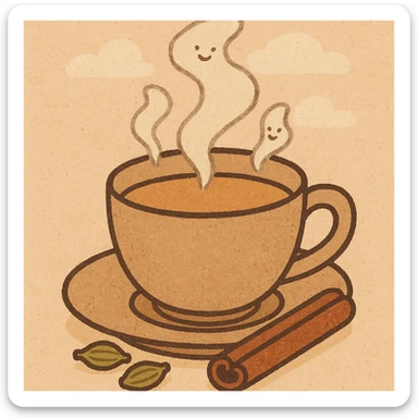 cartoon style illustration of a traditional cup of karak tea with a saucer, steam, and a hint of spices sticker