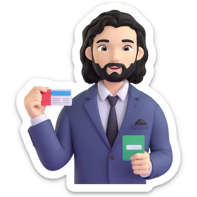 Business strategist with black wavy hair, stubble, chiseled face, wearing blazer and button-up shirt, engaged in conversation at a networking event, holding business card, surrounded by other professionals, social business setting sticker