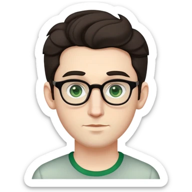 young man with pale skin, wider face, larger ears, bigger nose, thick dark eyebrows, dark tall voluminous slightly wavy hair styled up high on head but not curly, wearing glasses with green eyes and very light stubble, with a slight smile sticker