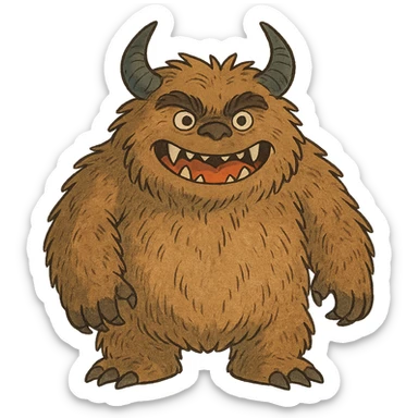 a big hairy monster with horns and sharp teeth, ghibli-inspired style, suitable for the animal and nature section of emojis sticker