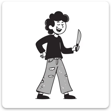 hand-drawn sketch of a savage person in 1988 outfit with mullet hair, acid wash jeans, holding knife, laughing crazily sticker