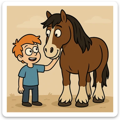 A boy orange hair blue shirt Clydesdale horse sticker