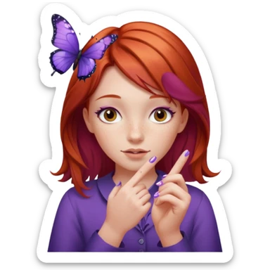 red haired girl finger holding purple butterfly - but her hands down sticker
