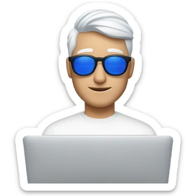 Create a white male with blue light glasses in front of a MacBook with AirPods Max on and a backwards ha sticker