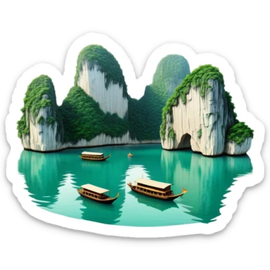 Cinematic Realistic Ha Long Bay Landscape Emoji, depicted with limestone karsts emerging from emerald waters rendered with intricate detail and dynamic natural lighting. sticker