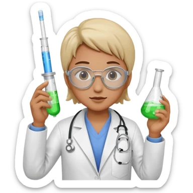 A person wearing safety goggles, a stethoscope, and a white coat. In one hand they hold a test tube containing chemicals and in the other a syringe. sticker
