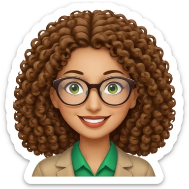 40 yr old Iranian woman, light brown very curly thick hair, shoulder length hair, green eyes, tan skin, big smile, big glasses sticker