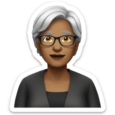 older woman with short straight grey hair and glasses black shirt sticker