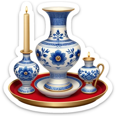 Metal painting icon, a metal vase, tray, and candlestick, each decorated with different techniques: Gzhel-style blue floral patterns, Chinese red and gold designs, and intricate Golden embroidery-style details. Visible fine paintbrush, paint pots, and accessories like porcelain palette, minimalistic style, clean lines, transparent background. sticker