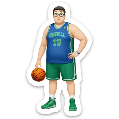 Full Body overweight white male with dark short spike hair basketball player wearing glasses wearing blue green uniform sticker