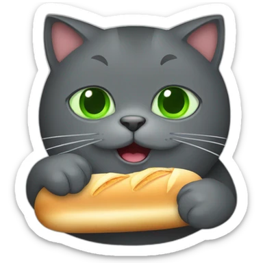 happy dark grey fat cat with green eyes eating a baguette sticker