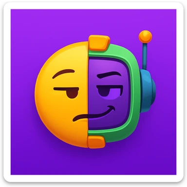 Design a half-emoji, half-robot with a sarcastic, unimpressed look, keeping the same purple, green, and orange color palette as the reference image. Add a playful, mischievous vibe to the character. sticker