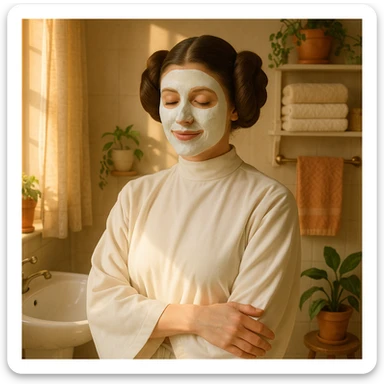Princess Leia from Star Wars with hair buns, using a facial mask, morning light, cozy bathroom sticker