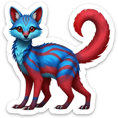 Feral Rare Fantasy vibrant dark shady shaded detailed cyan-cobalt-blue-crimson-red-gradients-colored colorful Vernid-Sergal-Genet-Trico-species by LiLaiRa, random markings, tufted tail, tufted ears, full body sticker