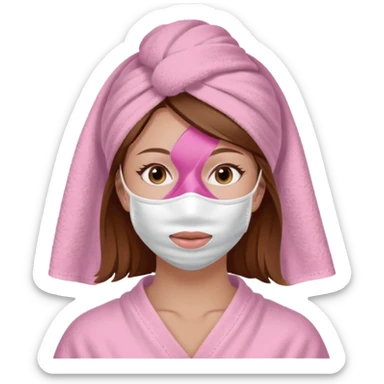 Lady with brown hair, white towel around her head, pink face mask spa beauty full face relaxing sticker