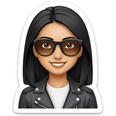 beautiful fit woman, with long straight black hair, with make up, black eye liner, smile mooth close, mexican, brown skin, wearing white tee, wearing leather black jacket, solar black wayfarer on the tip of the nose sticker