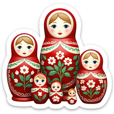 Russian nesting dolls (matryoshka) painting icon, several dolls of different sizes being hand-painted with traditional floral patterns, paintbrushes, small pots of paint, and carving tools nearby, visible process of decoration, minimalistic style, clean lines, transparent background. sticker