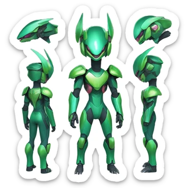 a shiny green Genesect-Raptor-Fakémon—hybrid with a futuristic visor-helmet full body sticker