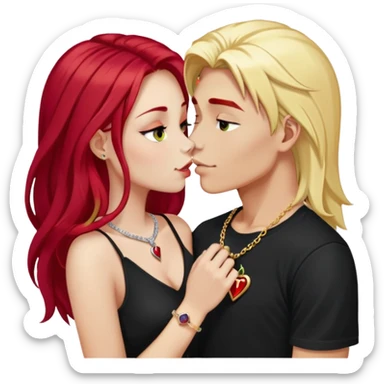 close-up of 20 year old couple kissing, girl with long cherry red hair, blonde eyebrows, gold necklace with letter A, diamond gold ring, red bracelet, boy with bright white hair wearing silver ring with black stone and dark t-shirt sticker