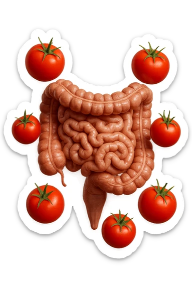 intestino umano anatomico con pomodori che gli fluttuano intorno, iperrealistico 4k sticker