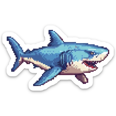 a shark in pixel art style, retro and blocky sticker