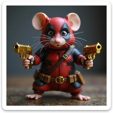 Photorealistic rat in a Deadpool costume, dual-wielding gold Deagle pistols, intense action pose. sticker