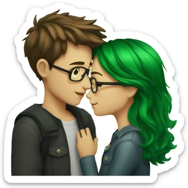 A boy with brown hair and a mustache is kissing a green haired girl wearing glasses sticker