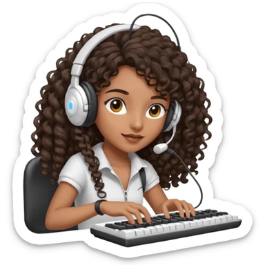 Brown skin Spanish girl with long dark curly hair, wearing a white gaming headset and playing on keyboard with a gaming mouse in one hand sticker