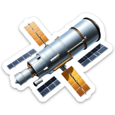 cinematic-realistic-hubble-space-telescope-emoji, an awe-inspiring, ultra-detailed depiction of the Hubble Space Telescope floating in space, its large, reflective metallic surface gleaming against the backdrop of the infinite blackness. The telescope's vast solar panels extend outwards, catching the light from distant stars, while its intricate, cylindrical body showcases advanced, precise engineering. The telescope's large, hexagonal lens is pointed towards the cosmos, surrounded by mechanical components, wires, and sensors. The detailed textures of the telescope’s metallic exterior, the shiny reflective coating, and the intricate grid-like solar panels are sharply contrasted against the void of space, with distant stars and nebulae faintly visible in the background, adding to the sense of scale and technological marvel; rendered with extreme realism and attention to detail. sticker
