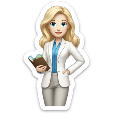 pale skin woman with blonde straight line Hair to shoulders, blue eyes, White classical jacket, Gray Palazzo pants holding a color palette in the hands sticker