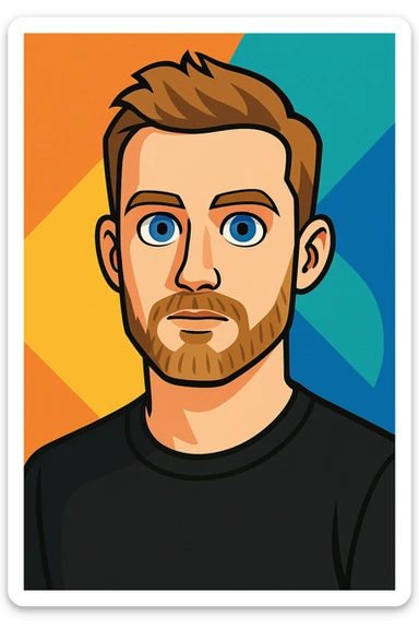 man with short light brown hair styled upward, beard and mustache, fair skin, large blue eyes, neutral facial expression, wearing black shirt, semi-realistic cartoon style sticker
