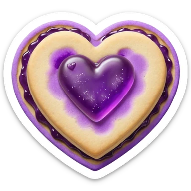 Realistic shortbread cookie in the shape of a heart with purple pastel jelly middle filling and sprinkled powder sugar on top. sticker