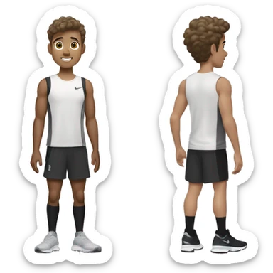 A very little tanned white boy with brown hair, short and a little wavy, with New Balance 1906R Grey, white Nike socks, a black Nike running jogging and a black Under Armour t-shirt. sticker