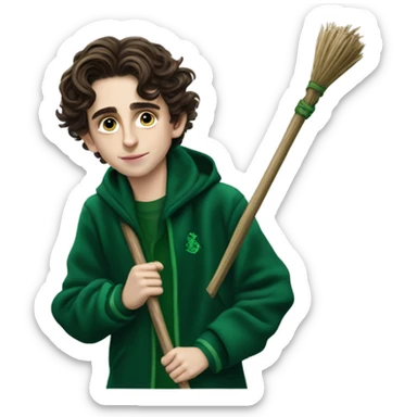 Timothee Chalamet wearing a Slytherin jacket and Riding a broom sticker