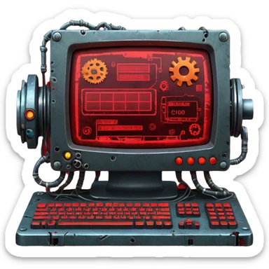 Old cyberpunk computer filled with junk drives and corrupted code, glowing error lights, sparks flying as gears grind and malfunction, interface full of broken UI elements and trash icons, dark gritty sci-fi setting, detailed close-up sticker