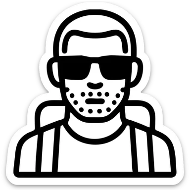 a bold man with stubble, ultra short hair, squared dark glasses, blue eyes, traveler, flat icon style sticker