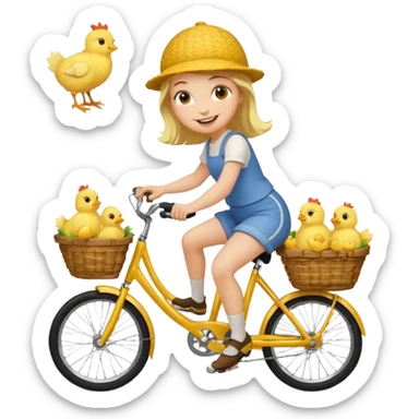 A cartoon girl riding a bicycle with a basket full of baby chicks, 1:1 square ratio. sticker