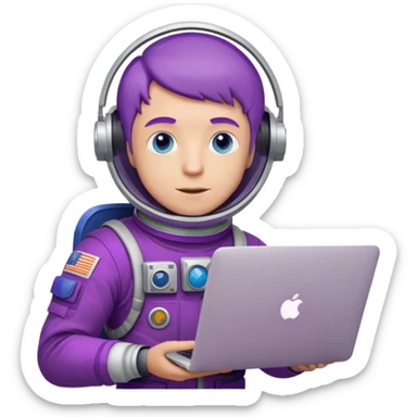 white guy astronaut with purple suit, blue eyes, short purple hair and one macbook sticker