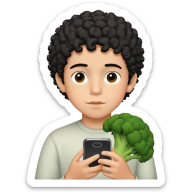 garcon de dix ou onze ans aux cheveux noirs bouclés style coiffure brocoli qui a des petites taches de rousseurs brunes et qui est toujours sur son telephone sticker