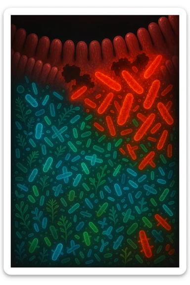 Scientific visualization of a man's intestinal lining. A healthy, diverse garden of glowing blue and green probiotic bacteria is being overtaken and outnumbered by aggressive, inflammatory red and orange pathogenic bacteria, creating patches of damage and imbalance. Dark, clinical background. sticker