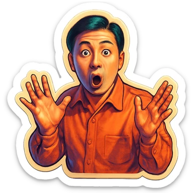 The same Japanese man looks at the viewer with a surprised look, and his hands are empty sticker