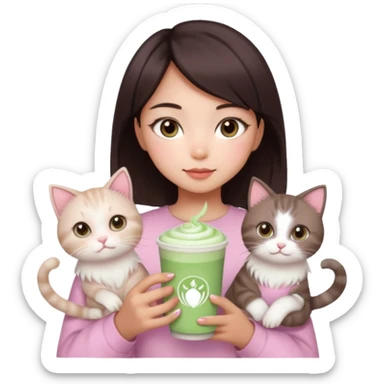 asian girl with short dark brown hair and dark brown eyes with a soft girl pink glowup aesthetic, matcha latte, 2 ragdoll cats, and sparkles sticker