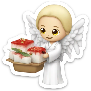 angel holding japanese maki with vampire sticker