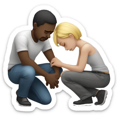 A white-skinned man kneeling and crying, trying to mend his girlfriend's broken heart. The heart is a broken emoji heart, highlighting the emotional scene. sticker