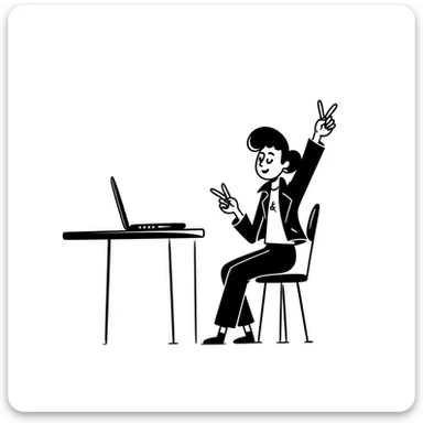 A rockstar female musician with tattoos on her arms, stylish modern haircut with shaved sides, wearing cool rocker clothes, smiling and sitting at a desk with a laptop, raising hand during class sticker