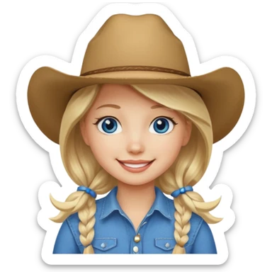 Create a girl emoji that has blonde hair, is white, has a cowboy hat on and blue eyee sticker