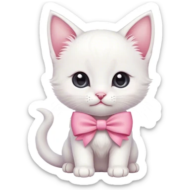 A cute white kitten with a beautiful pink bow on its ear sticker