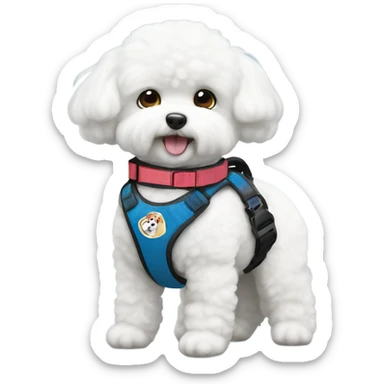 A cute Bichon service dog wearing a service dog harness sticker